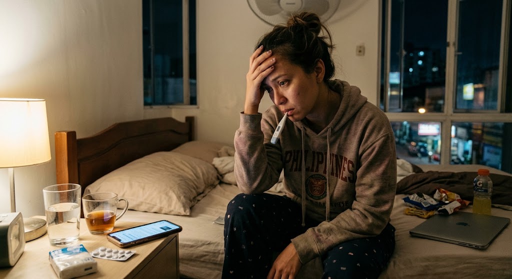 Cinematic home-care scene of a worried person checking temperature beside water, medicine, and an open window in warm tropical light