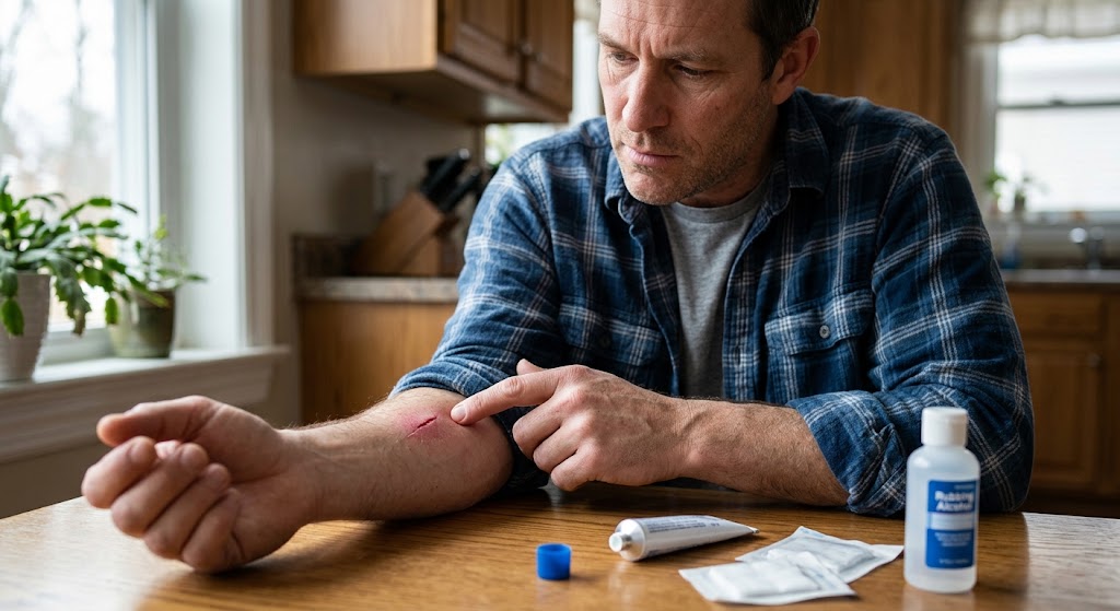 Cinematic medically safe wound-check scene with clean dressing supplies and careful hands under soft light