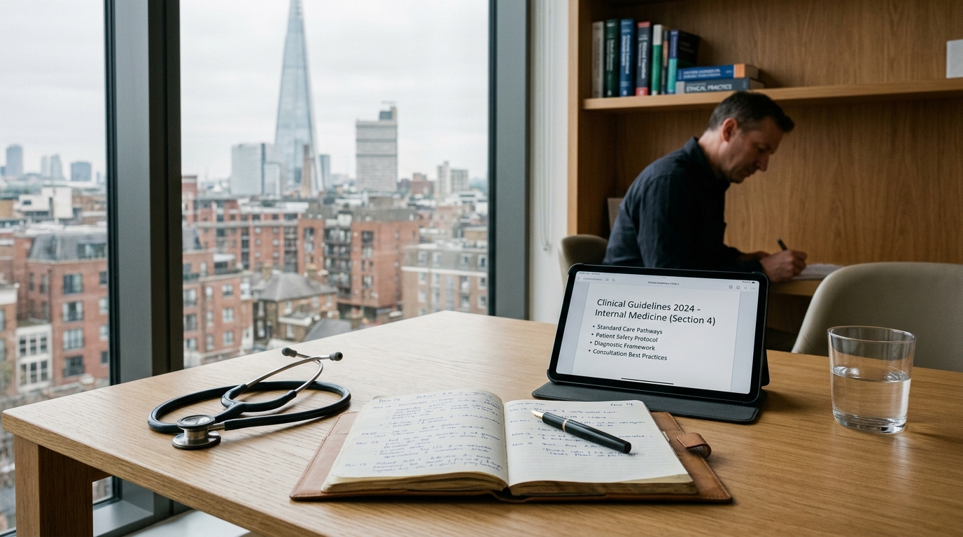 Cinematic scene of a person reading careful health guidance on a phone beside a notebook and warm light