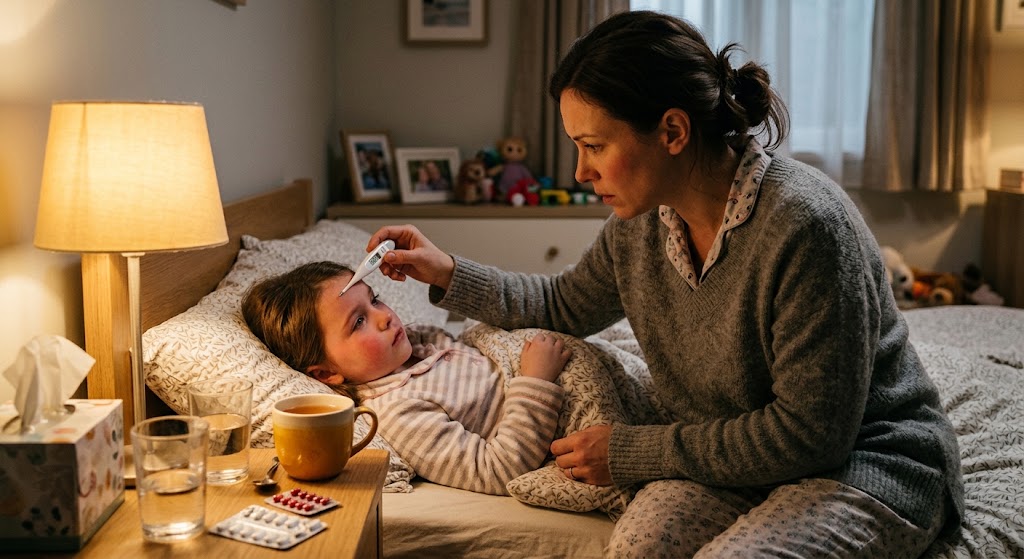 Cinematic home scene of a caregiver checking on a feverish person under soft warm light with water nearby