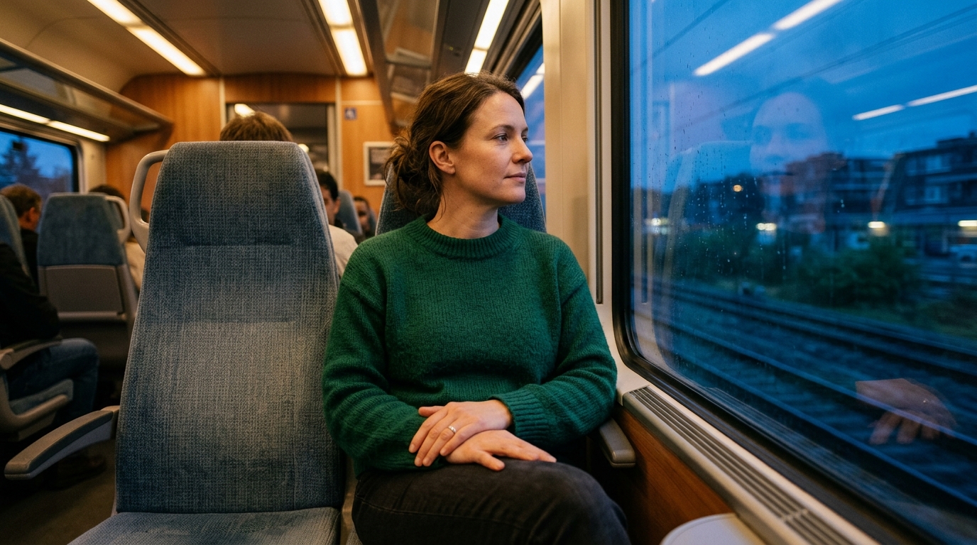 Atmospheric train scene showing a person seated among blurred commuters with tense hands and calm but overwhelmed eyes