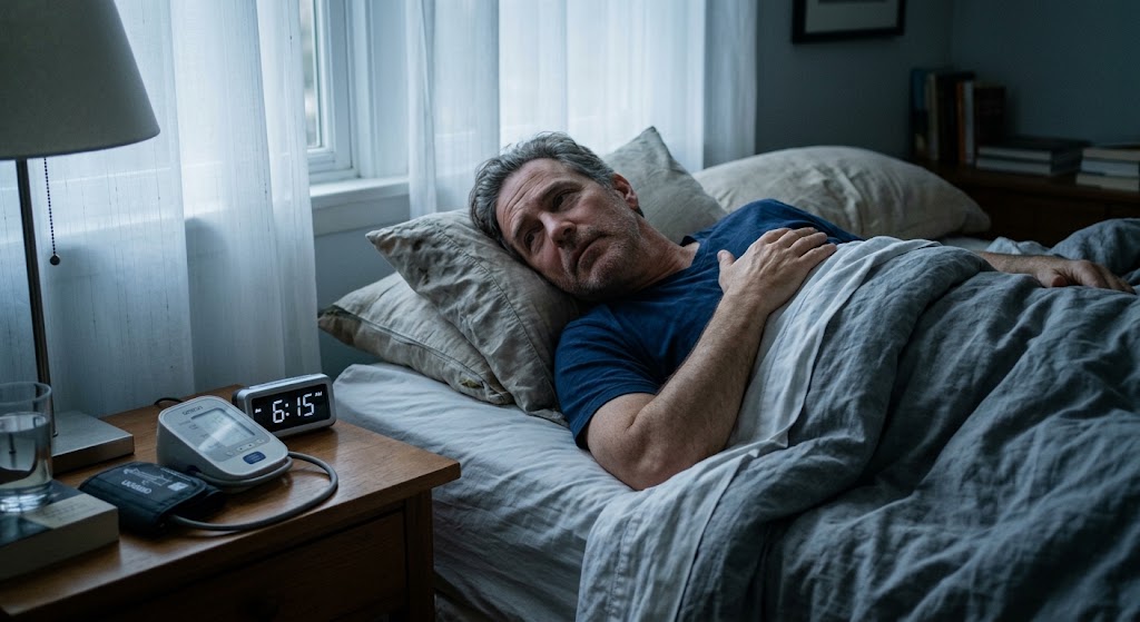Cinematic dawn bedroom scene of a person sitting peacefully on edge of bed as sunlight first enters the room