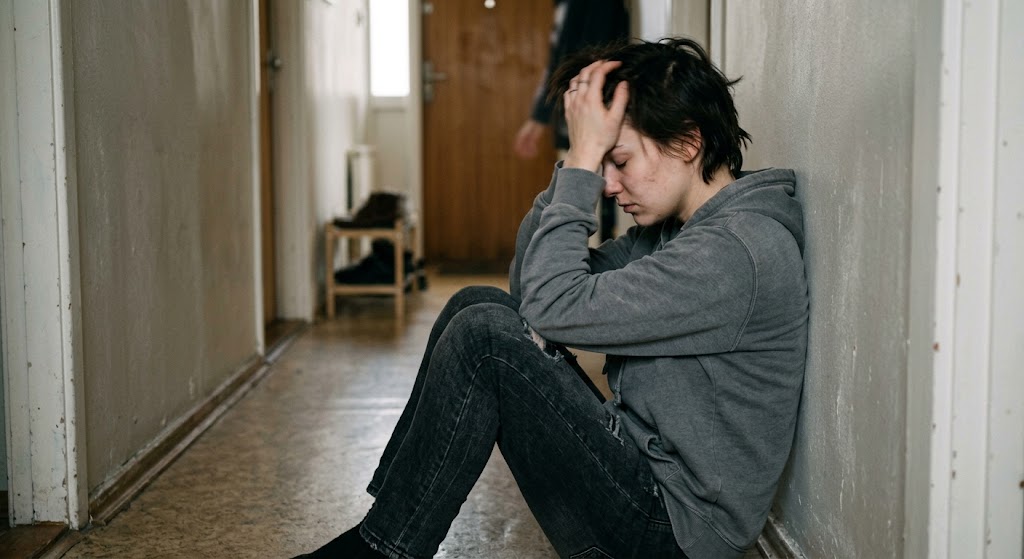 Cinematic after-argument scene with a person alone in a quiet room while another figure is softly out of focus in the background