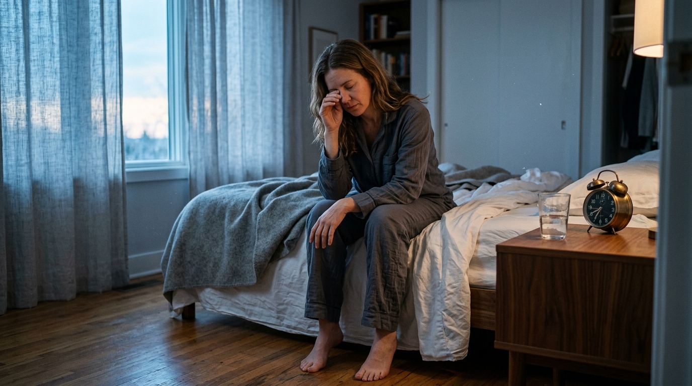 Cinematic scene of a tired young adult waking in soft blue morning light with an untouched alarm and a heavy quiet room