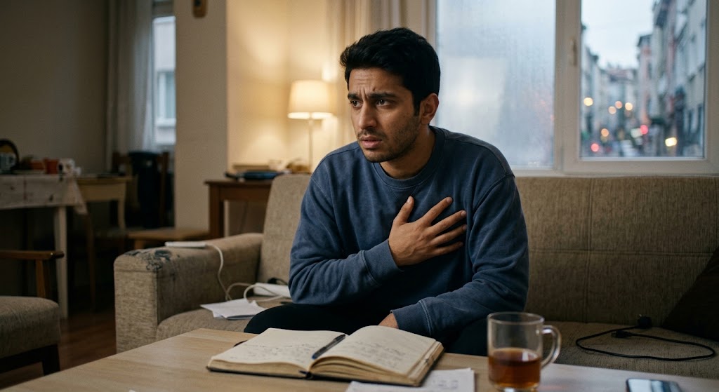 Cinematic quiet room scene of a person sitting forward with controlled breathing and warm light on their hands