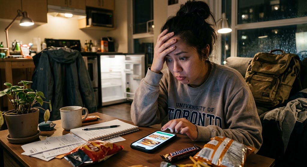Cinematic late-night kitchen scene with fridge light illuminating a tired person choosing food after a long day