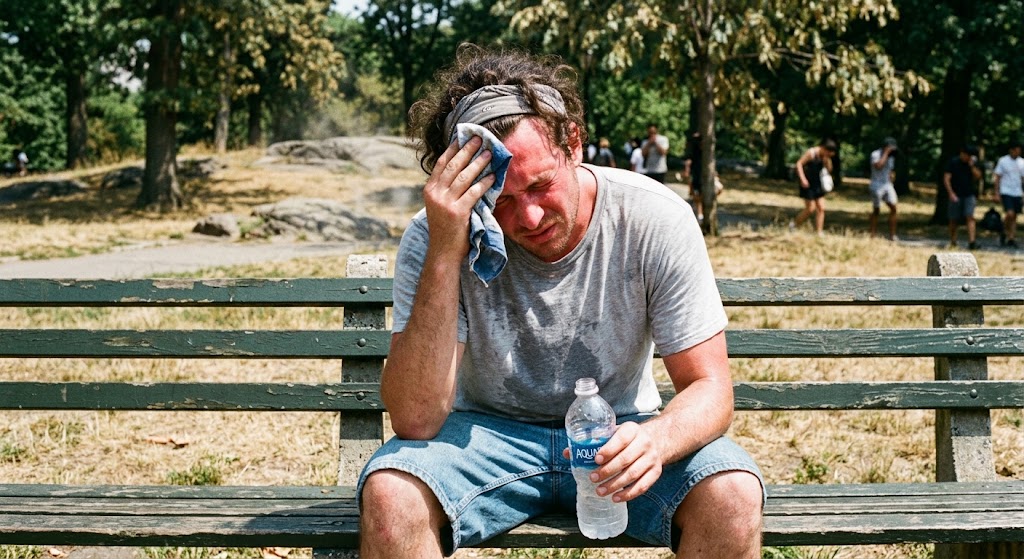 Cinematic hot-day street scene of a person seeking shade and water as sunlight shimmers around them