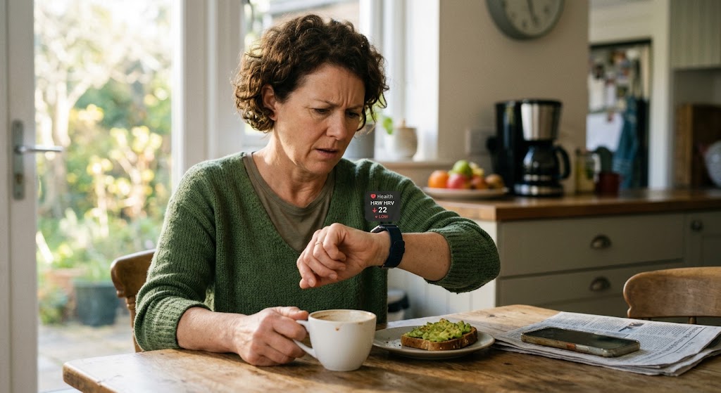 Cinematic morning scene of a person checking their wearable ring metric beside coffee with soft ambient light