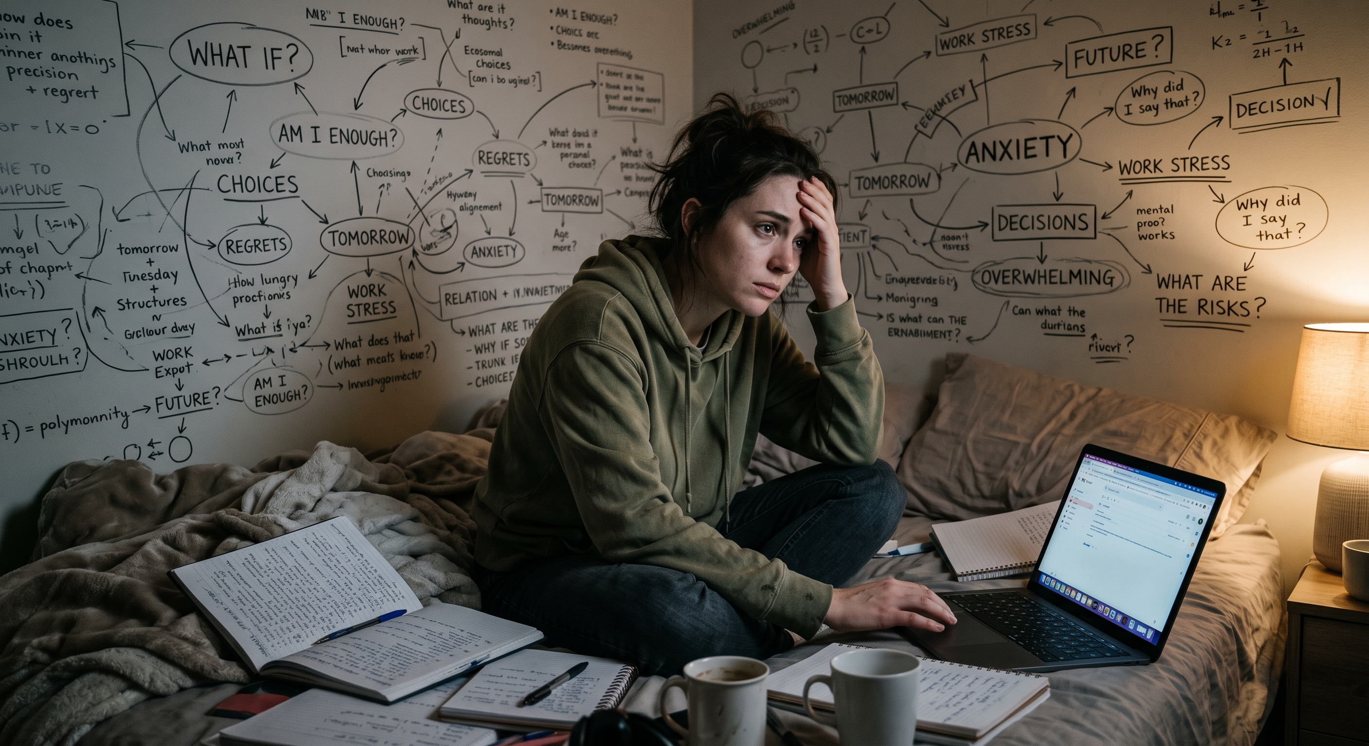 Moody cinematic scene of a person at a kitchen table late at night surrounded by small unresolved everyday objects