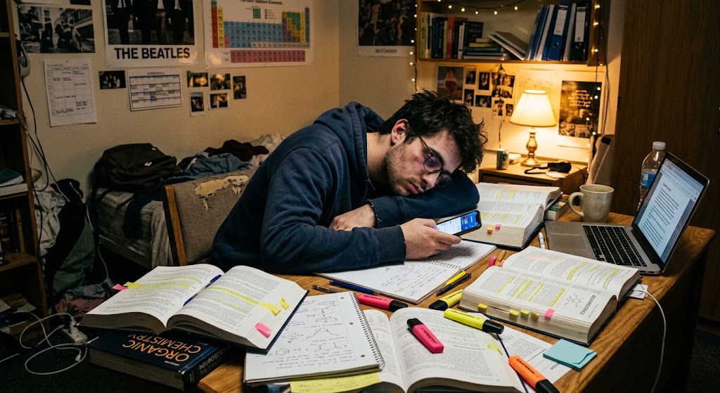 Cinematic study desk scene where phone glow competes with an open book and a tired student in blue night light