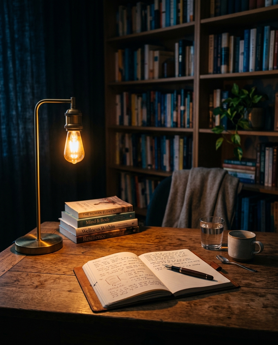 Cinematic exam or presentation moment where a focused person freezes under bright light while notes blur in the foreground