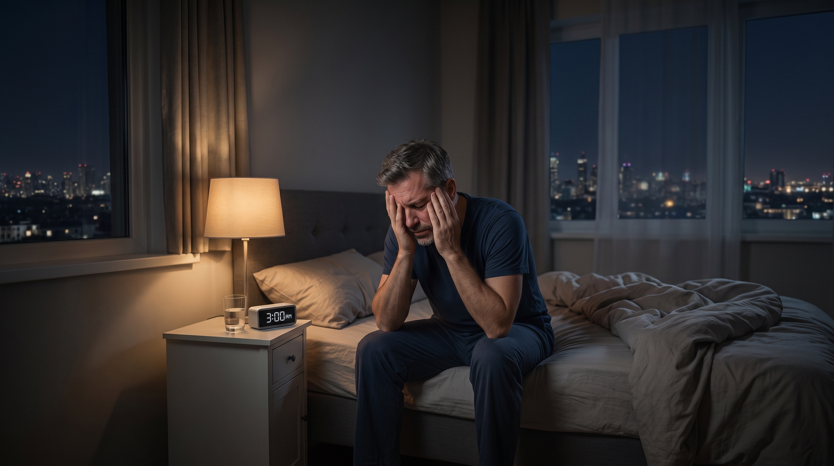 Cinematic 3AM bedroom scene with a person awake in darkness while distant city lights glow outside the window