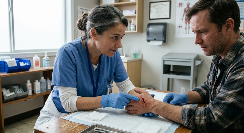 Cinematic scene of a person preparing to leave for care with a clean bandaged hand and first-aid items on a table