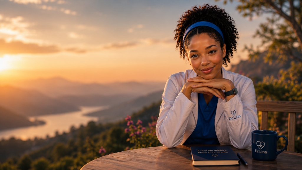 DrLina sitting on a bench at sunset