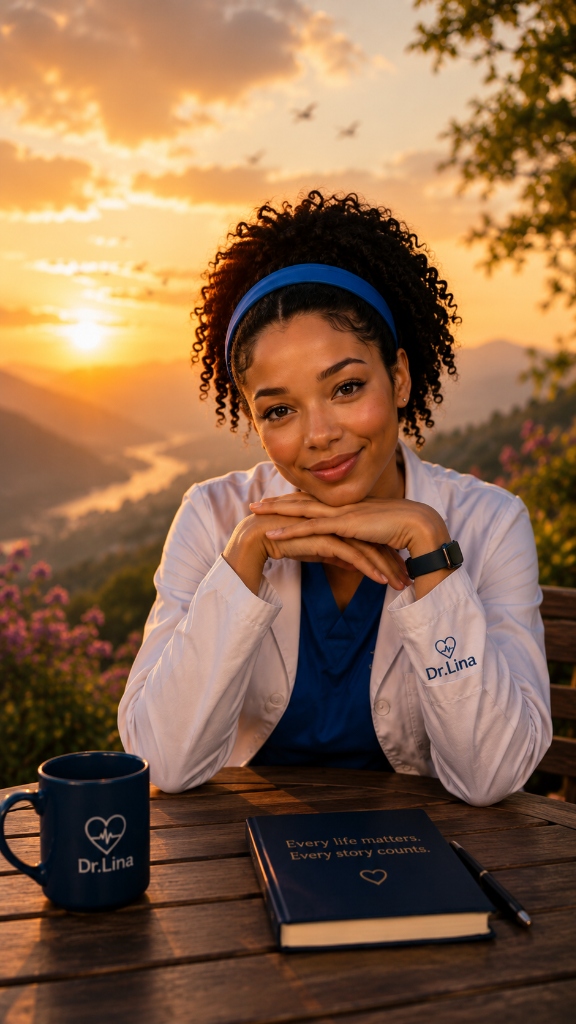DrLina sitting on a bench at sunset