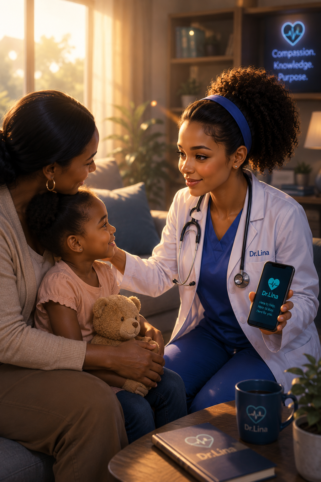 DrLina in a warm living room, showing a mother and daughter the DrLina app on her phone