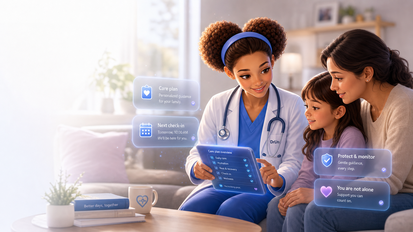 DrLina in a warm living room, showing a mother and daughter the DrLina app on her phone